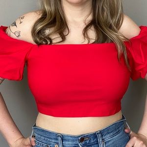 Red Bardot Crop Top w/ Puff Sleeves